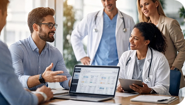Healthcare team collaborating on clinical software